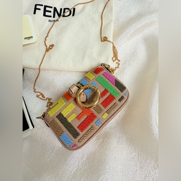 Fendi Kuban Canvas FF Embroidered Nano Baguette Bag Charm Grezzo Multicolor - Picture 11 of 17